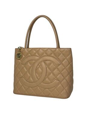 Chanel Medallion Tote Handbag CC Logo Caviar Leather Beige